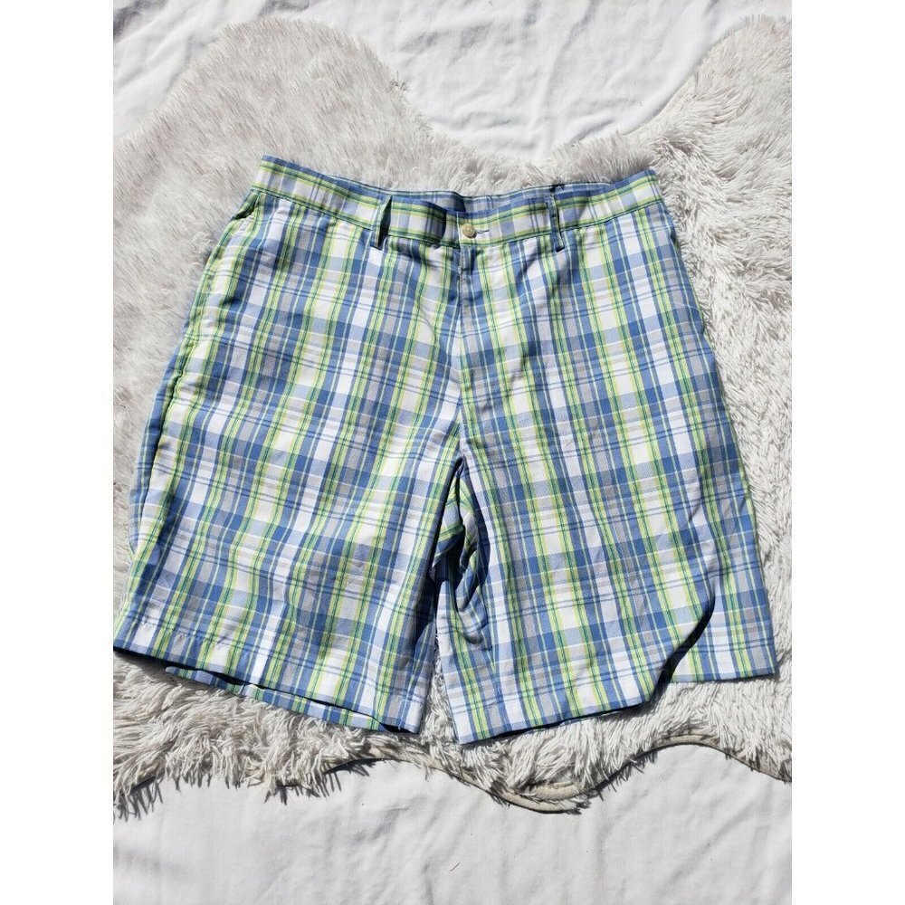 Men's PRO GOLF Shorts Size 38 Plaid Blue Yellow White Flat Front Pockets